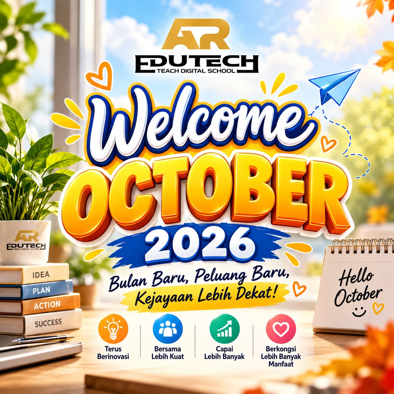 🔥 WELCOME OCTOBER 2026! 🔥

Bulan baru, peluang baru! 💪✨
Semoga Oktober membawa lebih banyak rezeki, closing, dan kejayaan buat semua agent AR Edutech. Teruskan usaha, konsisten follow up, dan jangan lepaskan peluang ketika musim bajet hujung tahun ni. 🚀
✅ Terus Berinovasi
✅ Bersama Lebih Kuat
✅ Capai Lebih Banyak
✅ Berkongsi Lebih Banyak Manfaat

Jom mulakan Oktober dengan semangat baru dan target yang lebih tinggi! 🎯

Good luck semua agent! Kita kasi padu bulan ni! 🔥🏆