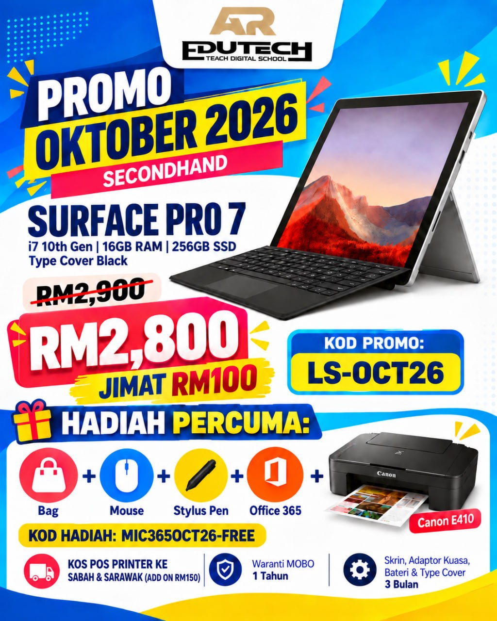 POSTER OCTOBER 2026 

SURFACE PRO7 I7 10TH 16GB RAM 256GB SSD WITH TYPECOVER BLACK 
(SECONDHAND)