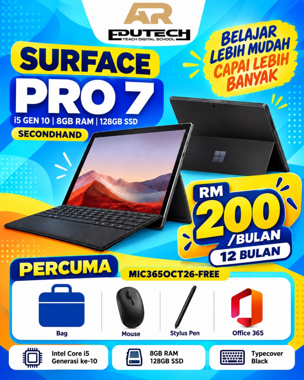POSTER OCTOBER 2026 

ANSURAN 12 BULAN 
Surface Pro 7 i5-10th 8/128 with Typecover Black (Secondhand)